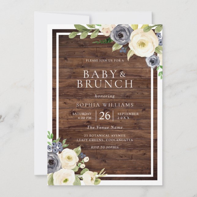 Navy & White Flowers Rustic Baby Shower Brunch Invitation (Front)