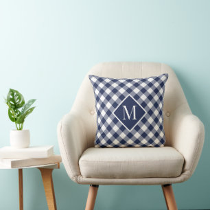 Navy White Gingham Check Pattern Chic Monogram Cushion