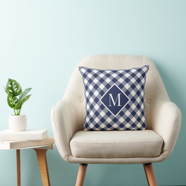 Navy White Gingham Check Pattern Chic Monogram Cushion (Chair)