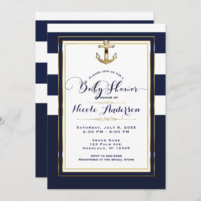 Navy White & Gold Anchor Nautical Baby Shower Invitation (Front/Back)
