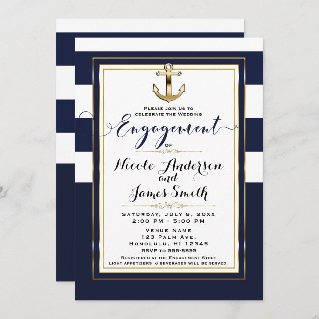 Navy White & Gold Anchor Nautical Engagement Party Invitation (Front/Back)