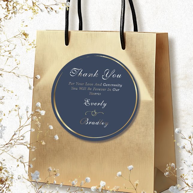 Navy White Gold Elegant Script Wedding Thank You  Classic Round Sticker (Creator Uploaded)