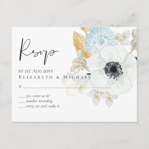 Navy White Gold Floral Wedding Budget RSVP Postcard