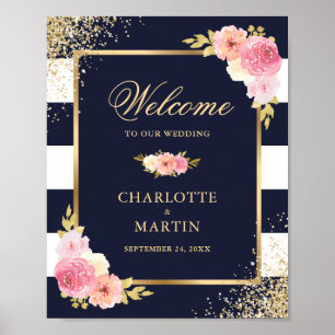Navy White Gold Pink Floral Wedding Welcome Sign