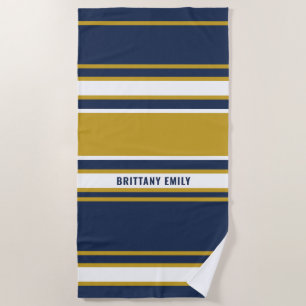 Navy White Gold Stripes Pattern Personalised Beach Towel