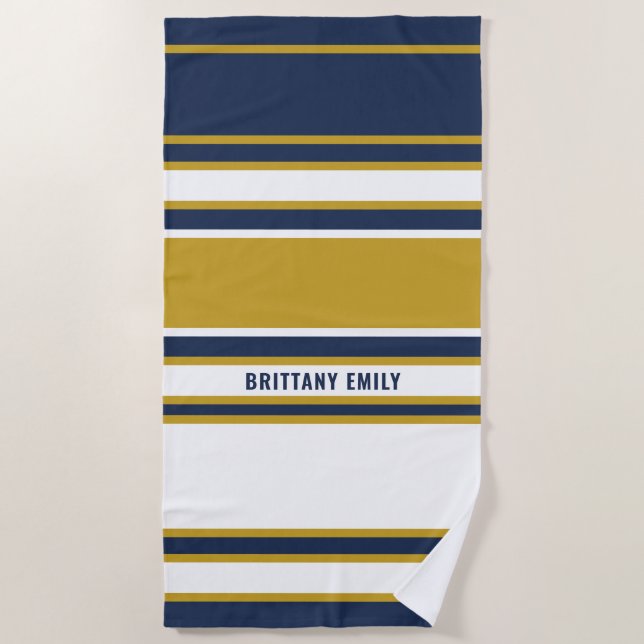 Navy White Gold Stripes Pattern Personalised Beach Towel (Front)