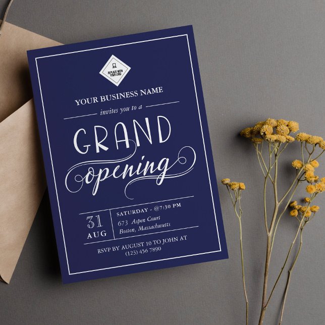 Navy & White Grand Opening Your Logo Invitation (Creator Uploaded)