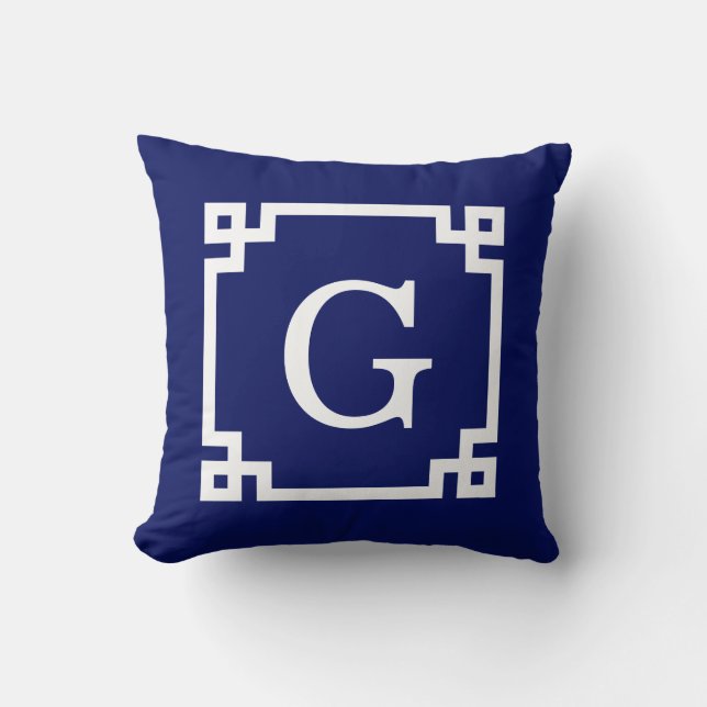 Navy White Greek Key Frame #2 Initial Monogram Cushion (Front)