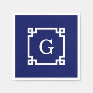 Navy White Greek Key Frame #2 Initial Monogram Napkin