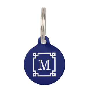 Navy White Greek Key Frame #2 Initial Monogram Pet Tag