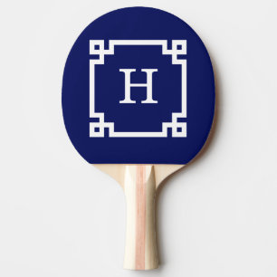 Navy White Greek Key Frame #2 Initial Monogram Ping Pong Paddle
