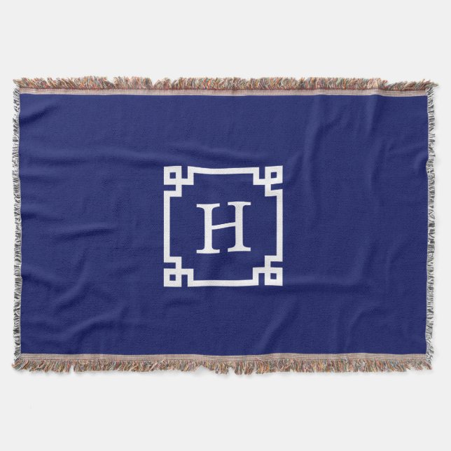 Navy White Greek Key Frame #2 Initial Monogram Throw Blanket (Front)