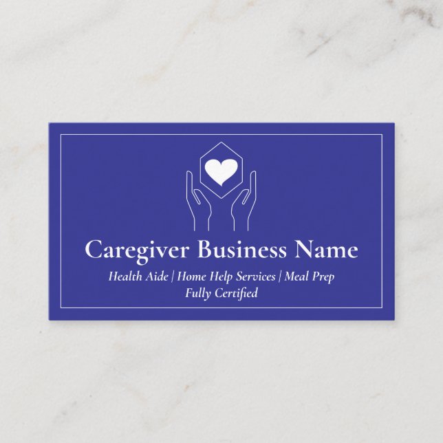Navy White Hand Heart Minimal Caregiver Business Card (Front)