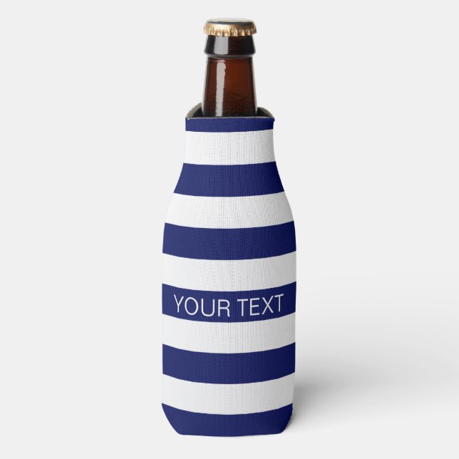 Navy White Horizontal Preppy Stripe Name Monogram Bottle Cooler (Bottle Front)