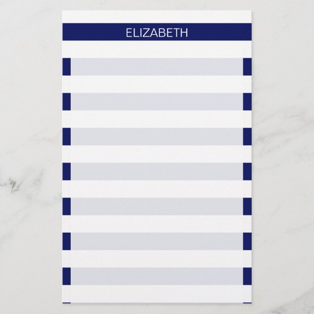 Navy White Horizontal Preppy Stripe Name Monogram Stationery (Front)