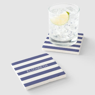 Navy White Horizontal Preppy Stripe Name Monogram Stone Coaster