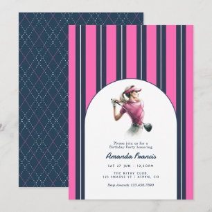 Navy, White & Hot Pink Preppy Ladies Golf Birthday Invitation