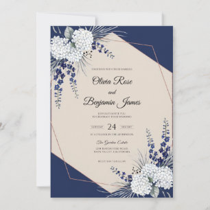 Navy White Hydrangea Eucalyptus Wedding Invitation