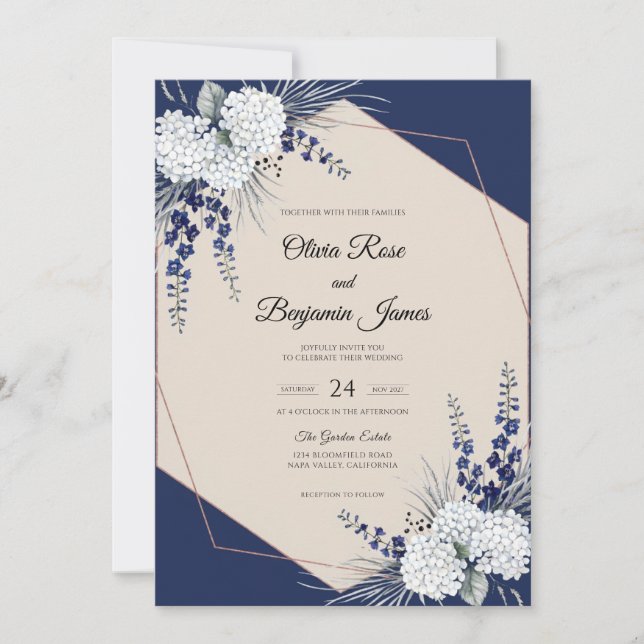 Navy White Hydrangea Eucalyptus Wedding Invitation (Front)