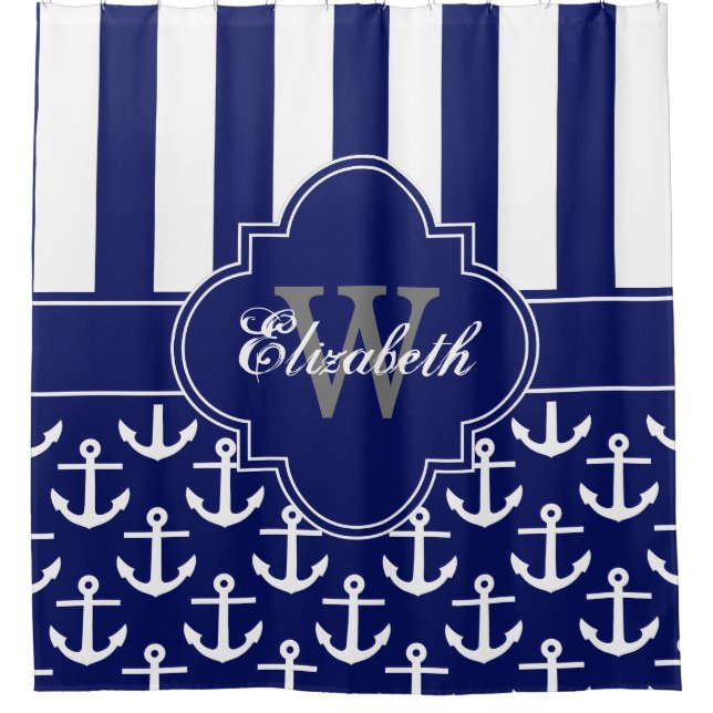 Navy White LG Anchor Stripe 1ICBR Monogram Shower Curtain (Front)