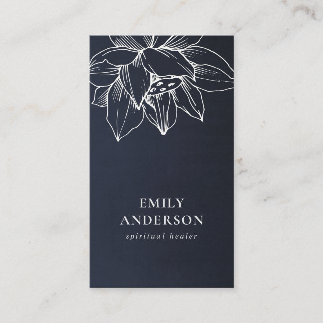 NAVY WHITE LOTUS SIMPLE REIKI SPIRITUAL HEALER BUSINESS CARD (Front)
