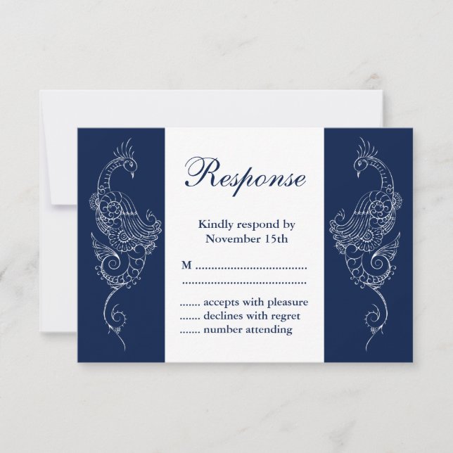 Navy & White Mehndi Peacock Wedding RSVP (Front)