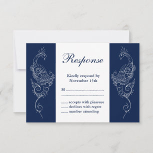 Navy & White Mehndi Peacock Wedding RSVP Card