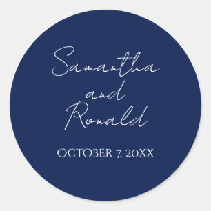 Navy White Modern Minimalist Calligraphy Wedding Classic Round Sticker