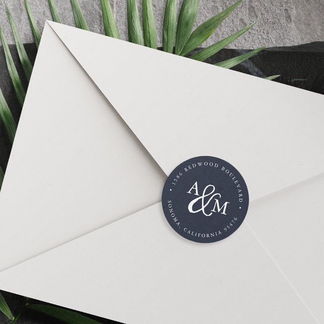 Navy & White Monogram Wedding Return Address Classic Round Sticker (Creator Uploaded)