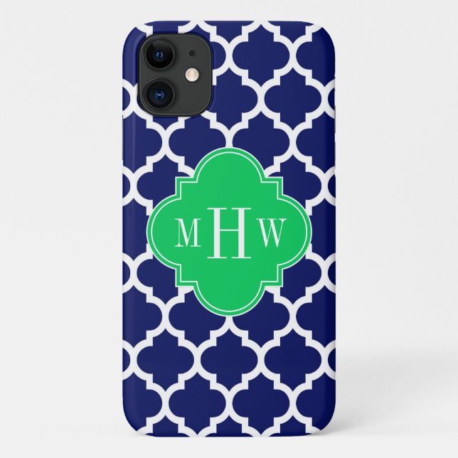 Navy White Moroccan #5 Emerald 3 Initial Monogram Case-Mate iPhone Case (Back)