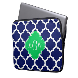 Navy White Moroccan #5 Emerald 3 Initial Monogram Laptop Sleeve