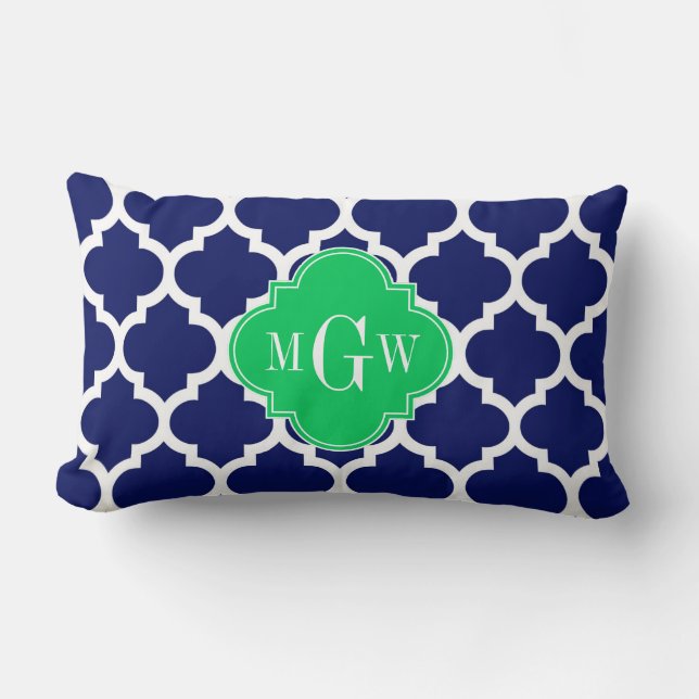 Navy White Moroccan #5 Emerald 3 Initial Monogram Lumbar Cushion (Front)