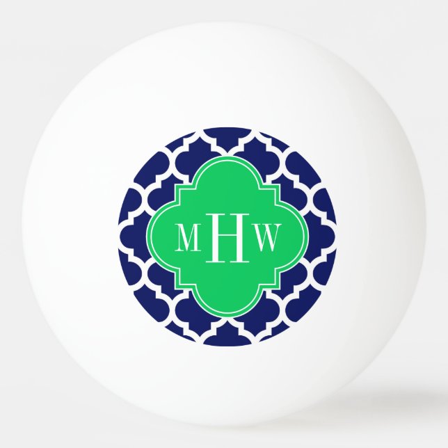 Navy White Moroccan #5 Emerald 3 Initial Monogram Ping Pong Ball (Front)