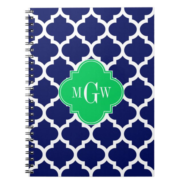 Navy White Moroccan #5 Emerald 3 Initial Monogram Spiral Notebook (Front)