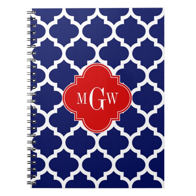 Navy White Moroccan #5 Red 3 Initial Monogram Spiral Notebook (Front)