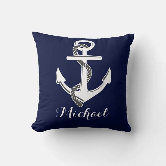 Navy & White Nautical Anchor Custom Throw Pillow (Front)