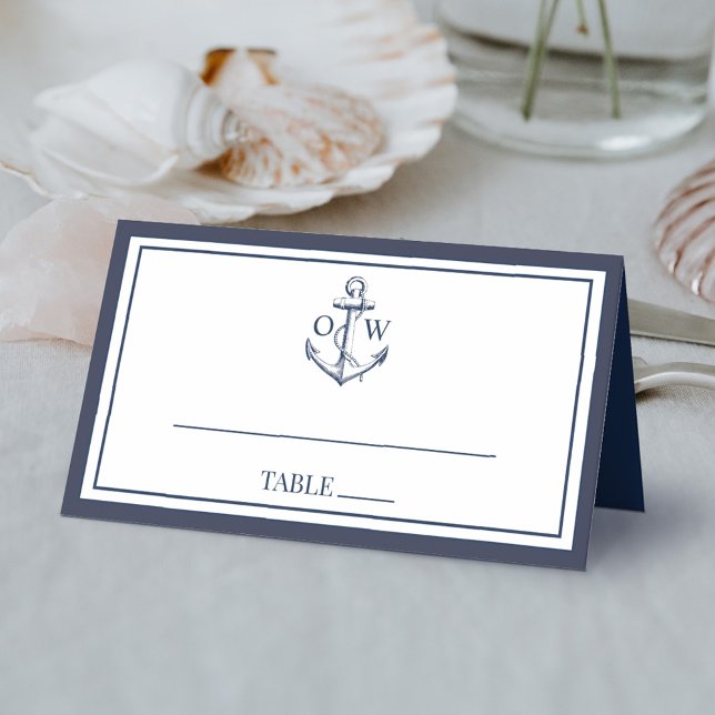Navy White Nautical Anchor Monogram Wedding Place Card (Creator Uploaded)