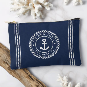 Navy & White Nautical Anchor Stripe Boat Name Accessory Pouch