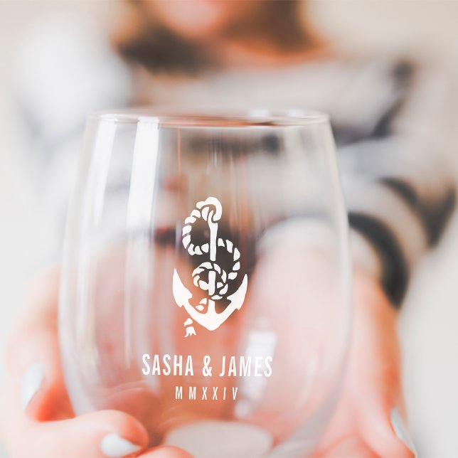 Navy & White Nautical Rope & Anchor Wedding Favour Stemless Wine Glass (Creator Uploaded)