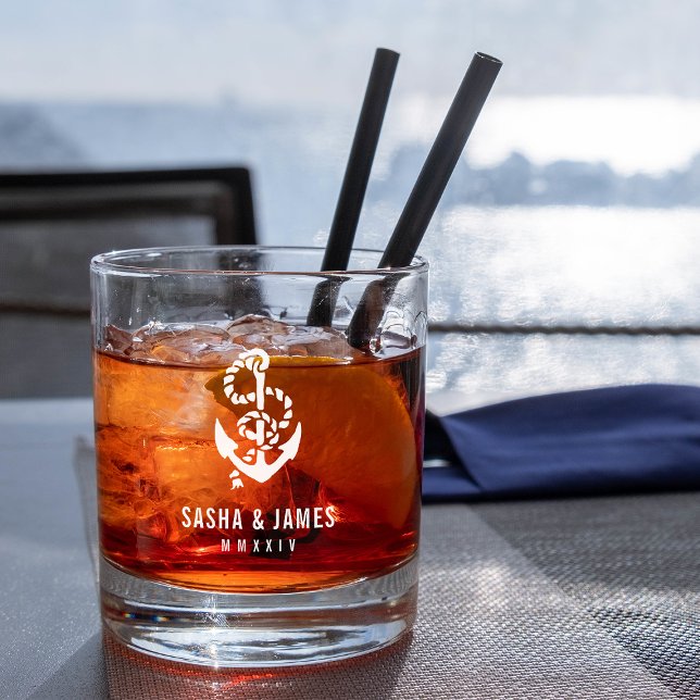 Navy & White Nautical Rope & Anchor Wedding Favour Whiskey Glass (Creator Uploaded)