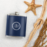 Navy & White Nautical Rope Monogram Hip Flask<br><div class="desc">A unique personalised gift for groomsmen,  boating or sailing enthusiasts,  or anyone who loves classic coastal style,  our navy blue flask features your three initial monogram encircled by a white nautical rope badge.</div>