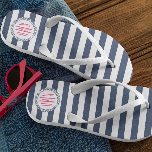 Navy & White Nautical Stripe w/ Pink Monogram Jandals (Creator Uploaded)