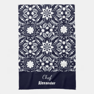 Navy White Nordic Folk Floral Pattern Tea Towel