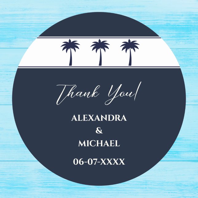 Navy White Palm Tree Coastal Wedding Thank You Classic Round Sticker (Creator Uploaded)