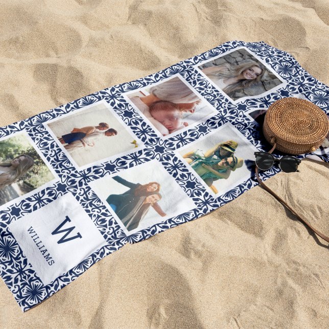 Navy & White Patterned Photo Collage Monogram Beach Towel (Creator Uploaded)
