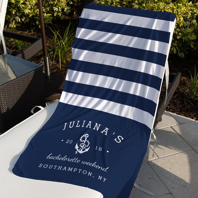 Navy & White Personalised Bachelorette Weekend Beach Towel (Creator Uploaded)