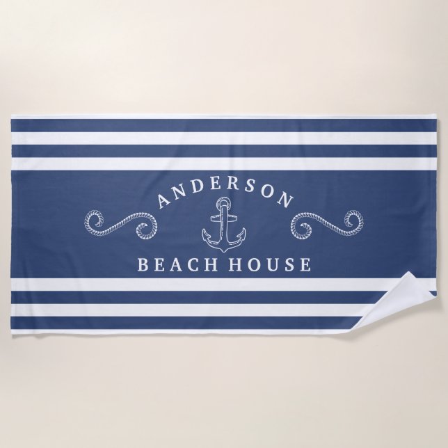 Navy & White Personalised Nautical Beach House Towel (Front)