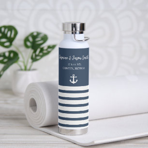 Navy White Personalized Destination Wedding Favor Water Bottle