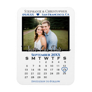 Navy & White Photo Calendar Save Our Date Wedding Magnet