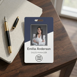 Navy White Photo Logo Professional Corporate ID Badge